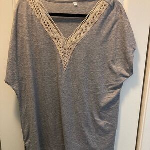 Gray V-Neck Lace Trim Women's Top